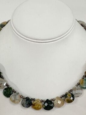 925 Silver 17.5" Jasper & Agate Ball Bead Tear Drop Necklace 44g